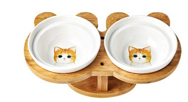 Ceramic Cat Bowl Set with Wooden Stand
