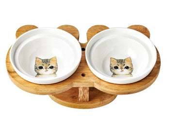 Ceramic Cat Bowl Set with Wooden Stand